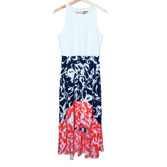 Vince Camuto Viscose Blend Hi Low Dress Navy Coral - Picture 1 of 8